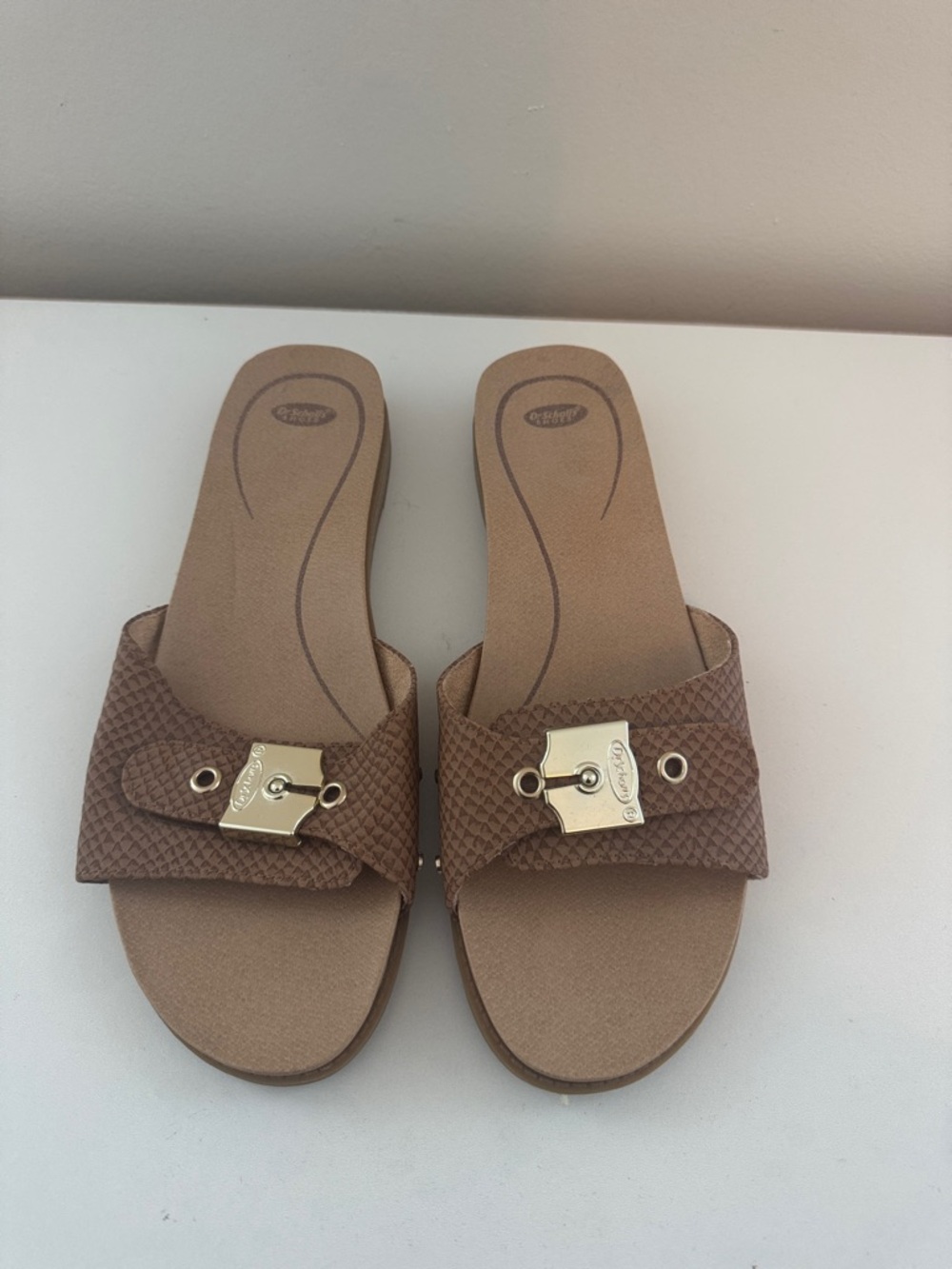 Dr. Scholl's Brown Slide Sandals with Gold Accent